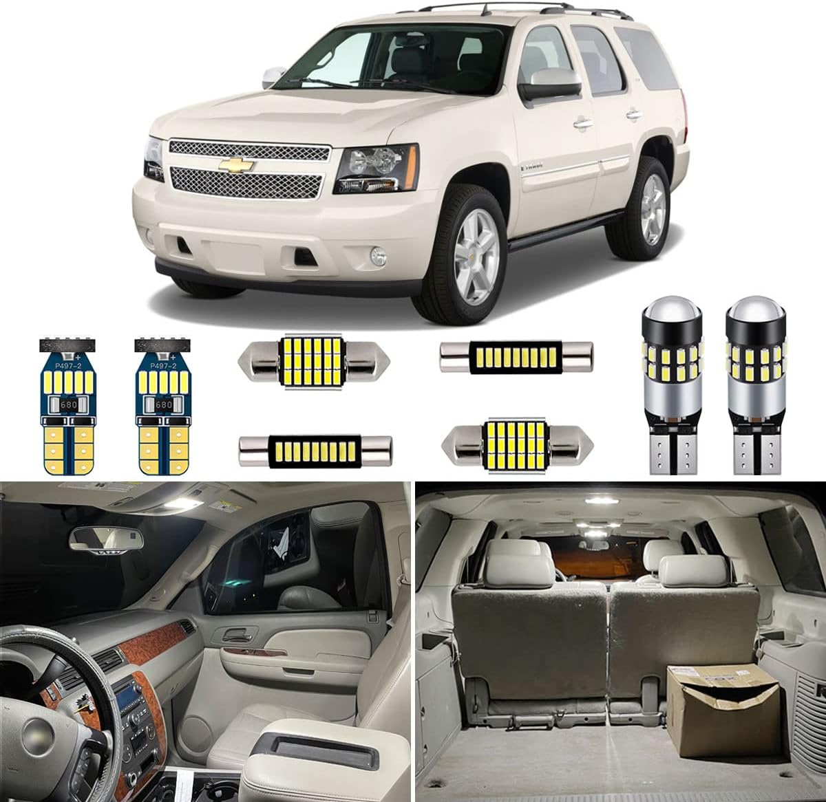 14 Piece White Interior LED Lights Kit for Chevrolet Chevy Tahoe/Suburban or GMC Yukon 2007 2008 2009 2010 2011 2012 2013 2014 Super Bright 6000K LED Light Bulbs Package + Install Tool