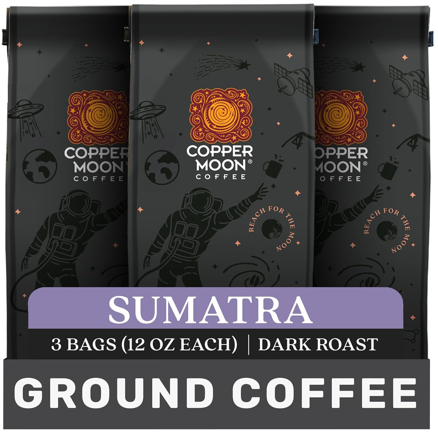 Copper Moon Ground Coffee, Dark Roast, Sumatra Blend, 12 Oz (Pack Of 3)
