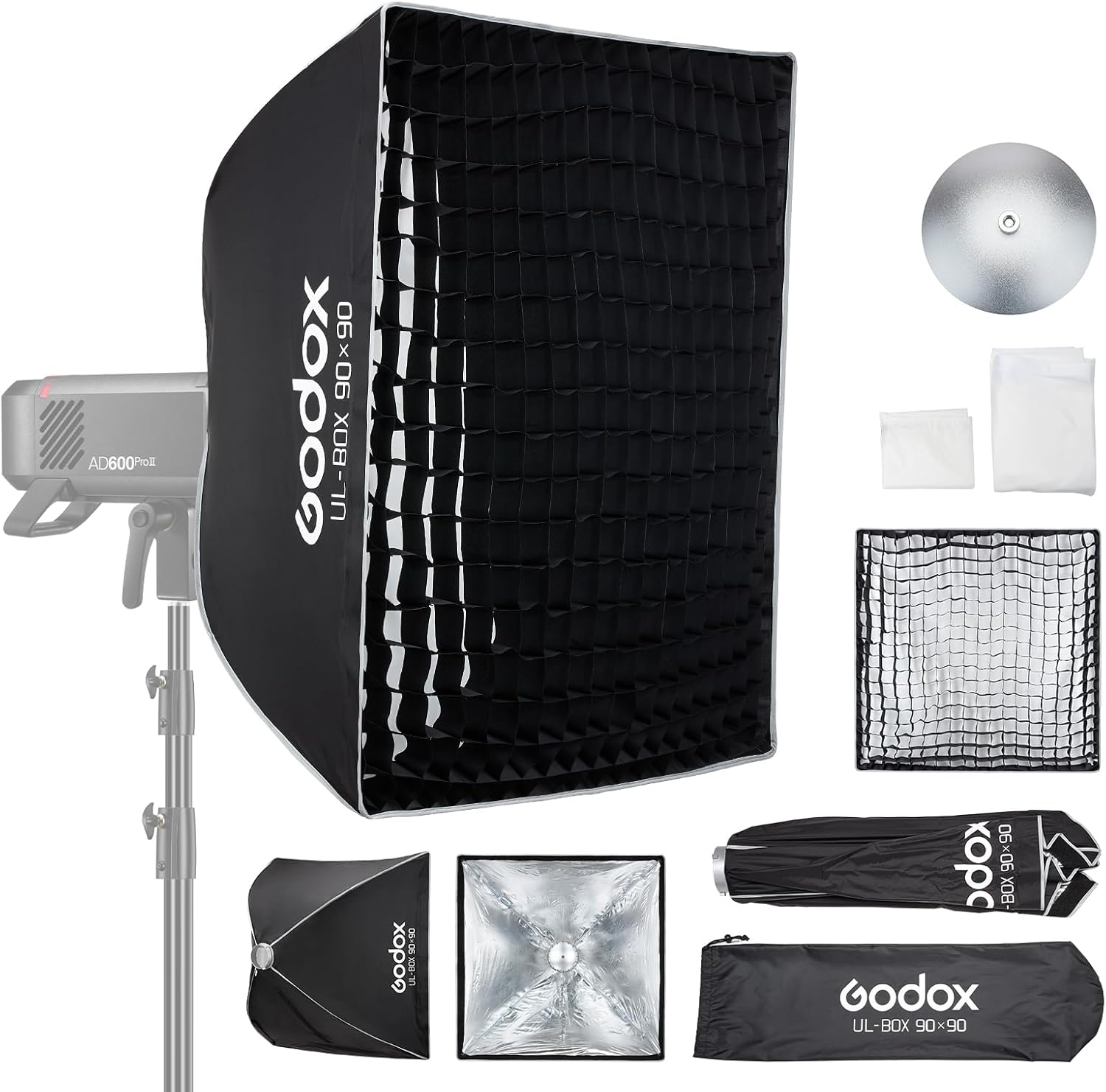 Godox Square Softbox, 90cm*90cm /35.4in*35.4in with Grid Diffuser Fast-Setup Bowens Mount Softbox Compact Photography softbox for Photography Shooting Continuous Light Monolight Strobe Flash