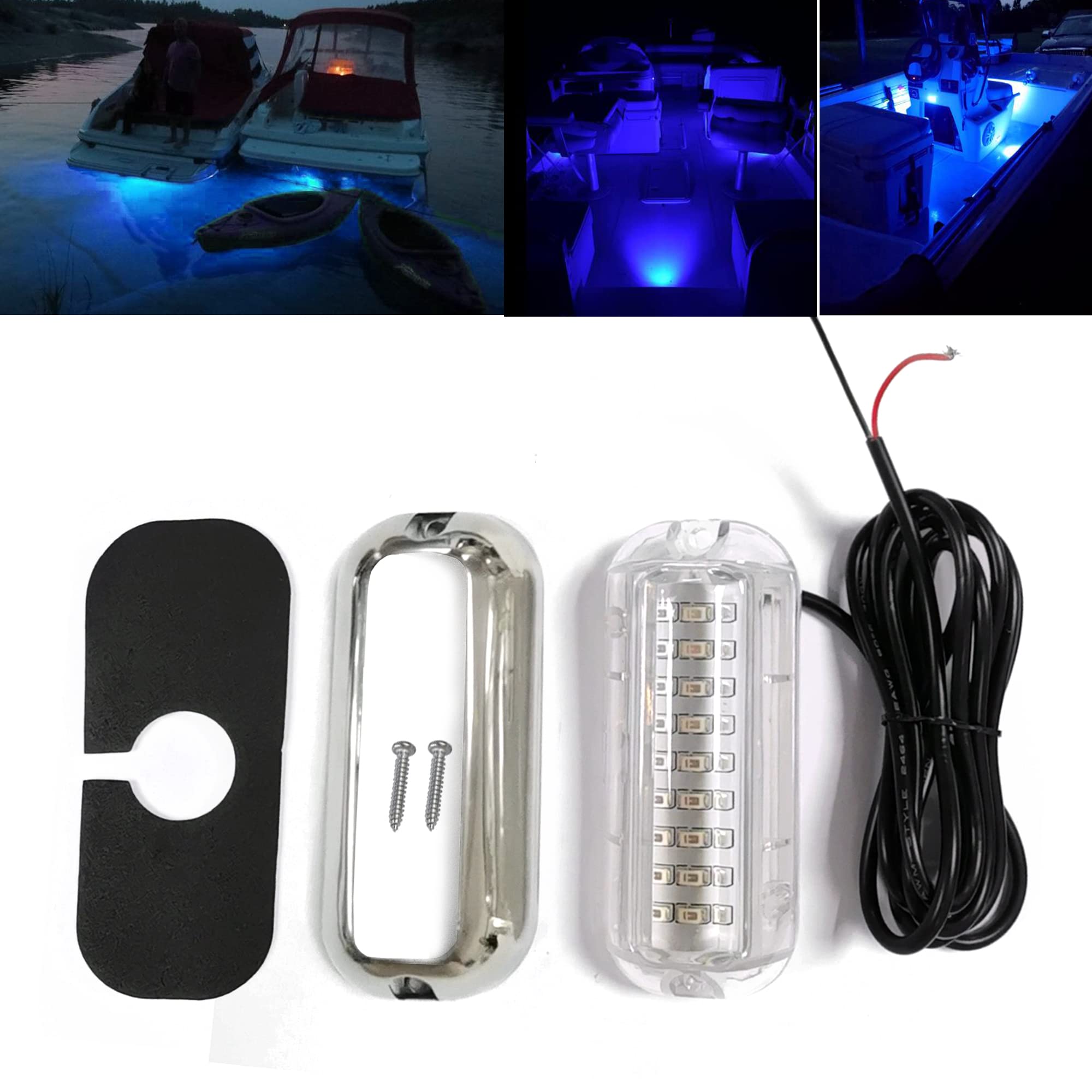 Lot de 2 lumières de bateau 27 LED bleues étanches IP68 pour bateau, remorque, ponton, bateau, tableau arrière, éclairage de navigation intérieur de bateau, lumières de pont 10-30 V CC