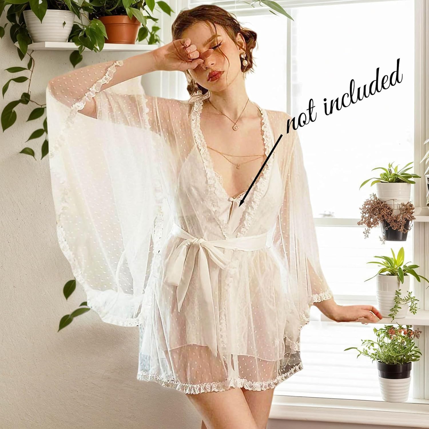 Women Sexy Lingerie Babydoll & Lace Kimono Robe with Butterfly Sleeves Sheer Chemise Sleepwear Mesh Nightgown with Belt - Image 2
