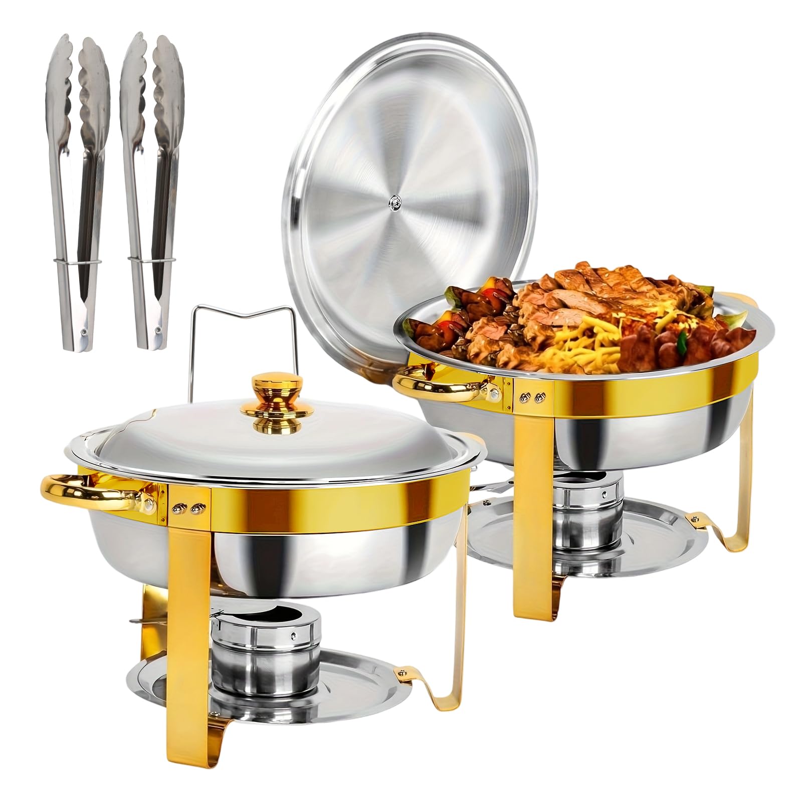 Chafing Dish - Set di 2 contenitori scaldavivande rotondi in acciaio inox da 4,5 l | Scaldavivande con supporto per coperchio, scaldavivande per buffet, catering, matrimoni, feste (argento)