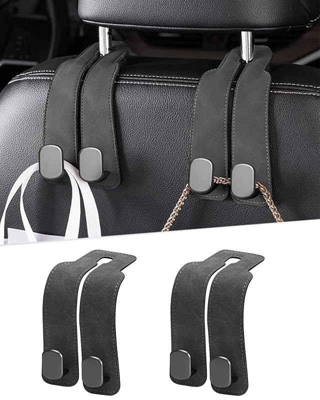 Kit com 2 ganchos para encosto de cabeça de carro, organizador ajustável com gancho duplo metálico e revestimento de couro, cinza