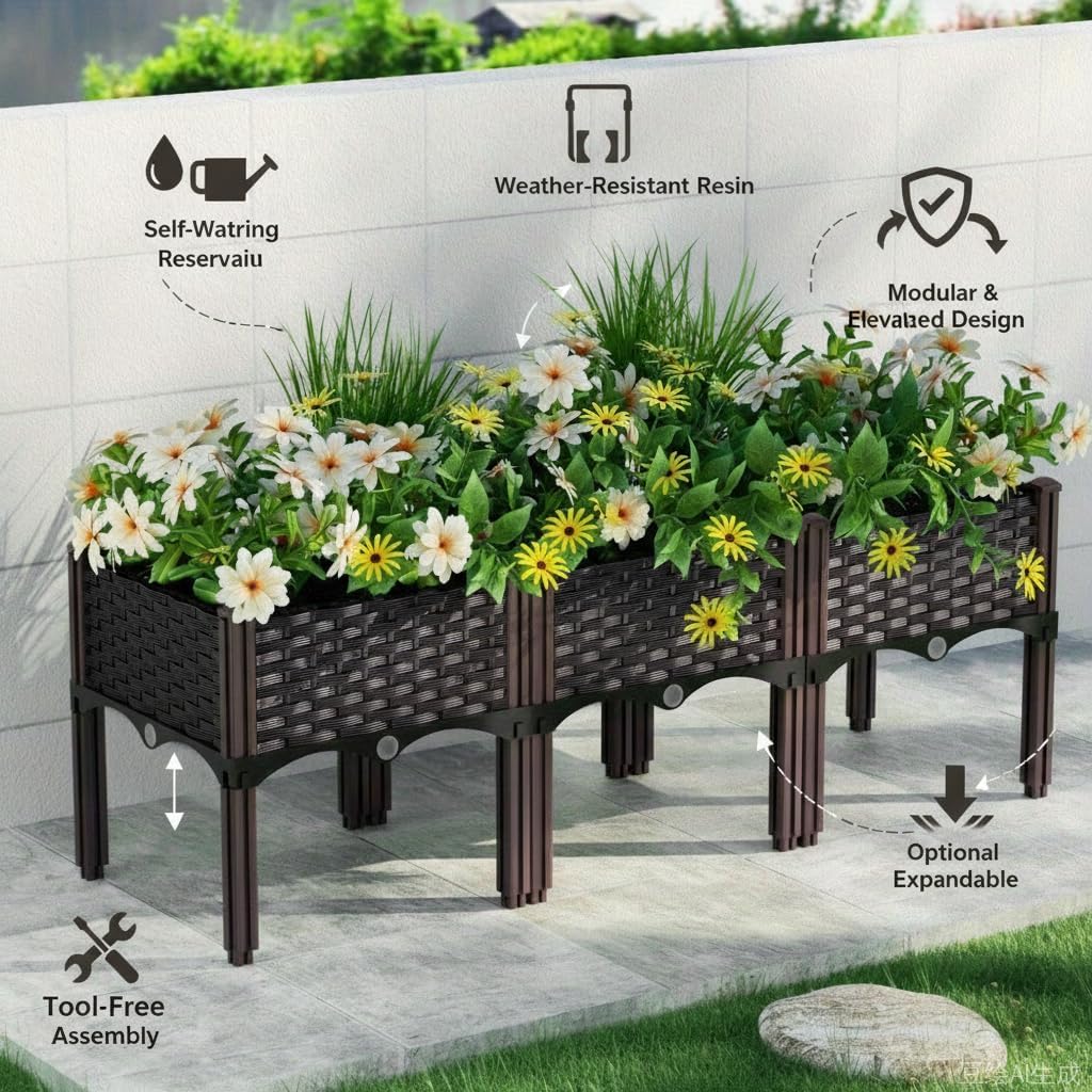 47 Inch Wicker Elevated Garden Planter with Legs - Rectangular Raised Bed with Self-Watering Design for Outdoor Vegetables, Flowers & Herbs, Large Gardening Box for Patio, Backyard & Balcony image 5
