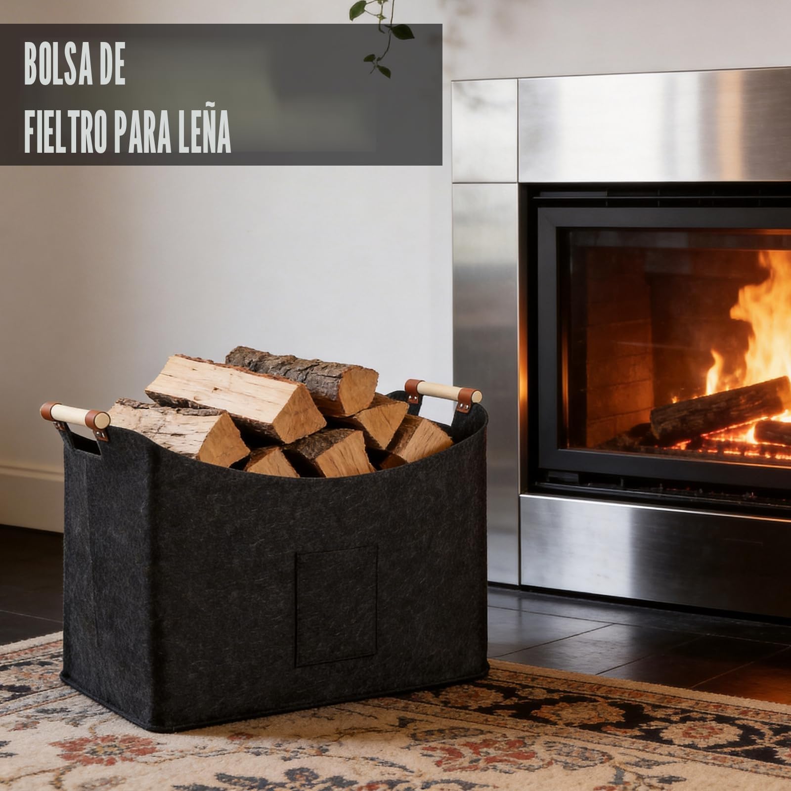 Cesta Plegable para Leña de 96 L, Fieltro Extragrueso, Mango Reforzado, Negro
