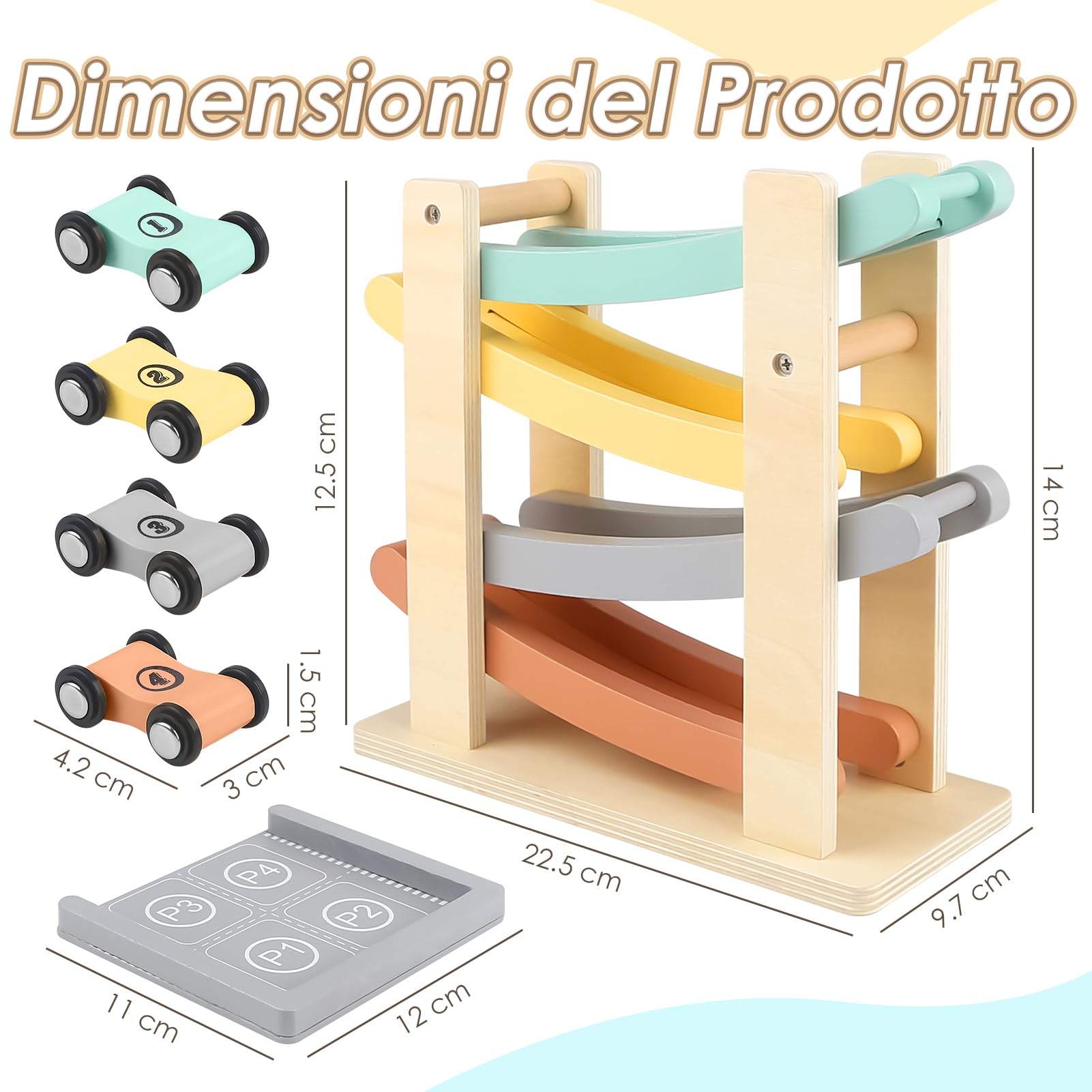 Vanplay Giocattoli Bambino 1 Anno Macchinine per Bambini Pista Macchinine con 4 Mini Auto Giocattolo e Garage Giocattolo Giochi in Legno Regalo Bimbo 1 2 Anni