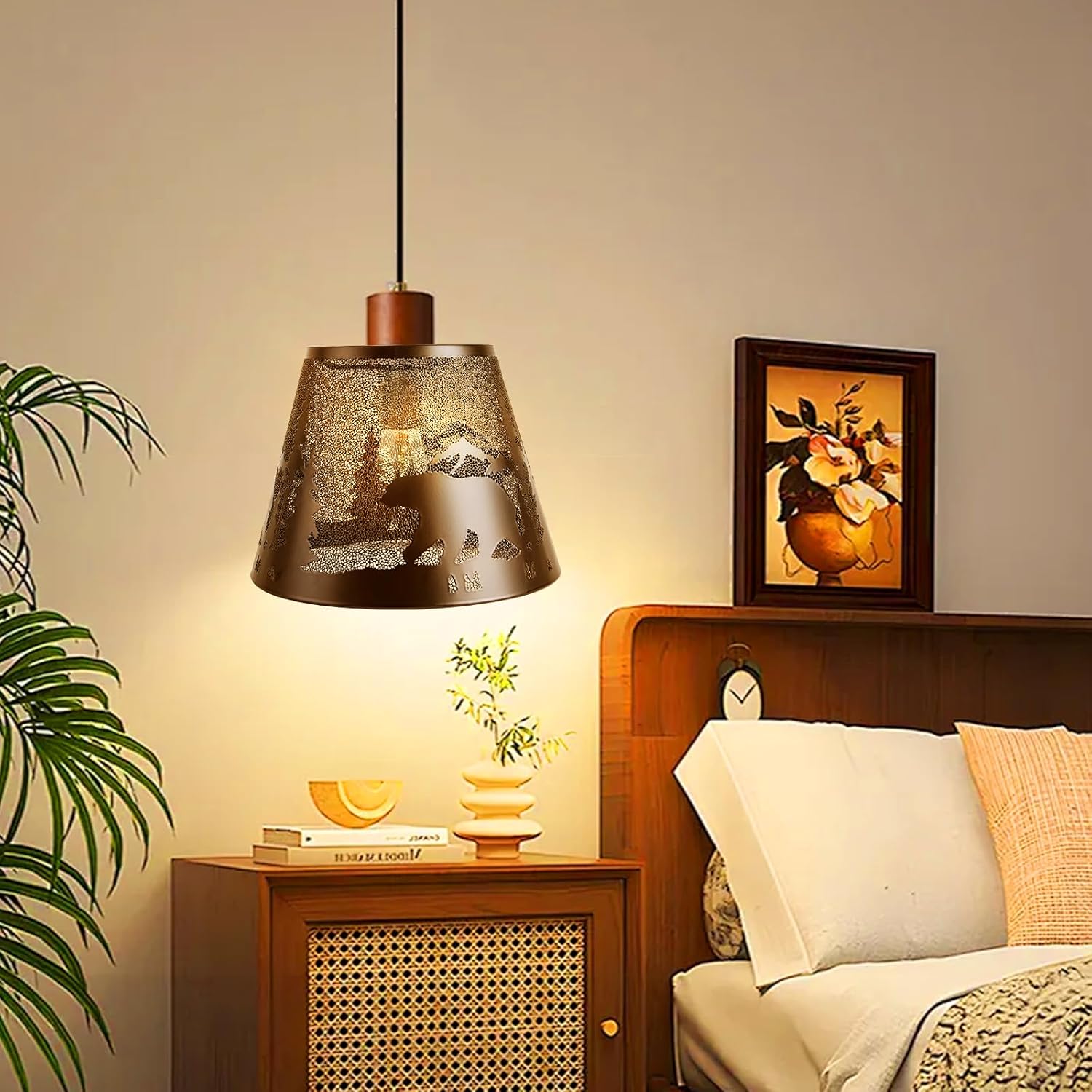 Bear Lamp Shade - Black Metal Lamp Shade 10 Inch, Rustic Farmhouse Drum Shade with Forest Pattern, Fits Table & Floor Lamps 6x10x7.5 Spider