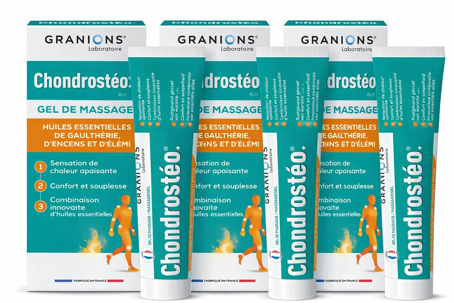 Chondrostéo+ Gel de Massage Chauffant – Lot de 3 x 100 ml – Articulations & Muscles – Huiles Essentielles – Effet Apaisant & Décontractant – Confort et Souplesse