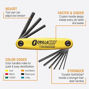 Bondhus 12591 GorillaGrip Set of 9 Hex Fold-up Keys, sizes .050-3/16-Inch