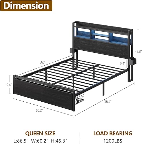 Miniatura 2 de Furnulem Base de cama Queen con cabecera de madera y estante de almacenamiento, marco de cama de plataforma de metal tamaño Queen con cajones de