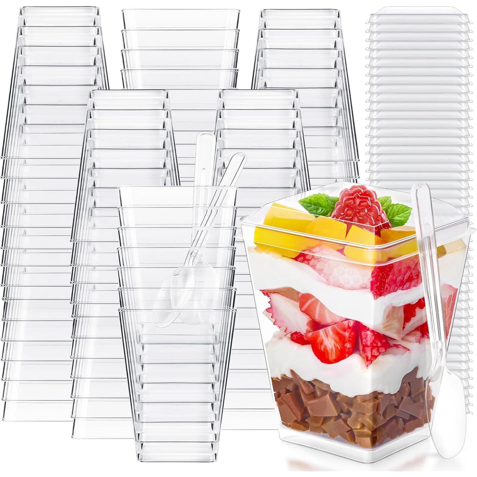 AUTOWNLUX 50 Stück Dessertgläser Plastik mit Deckel und Löffeln, 5oz/160ml Dessertbecher Wiederverwendbar, Quadratischer Plastikbecher für Dessert Pudding Mousse Eiscreme Party