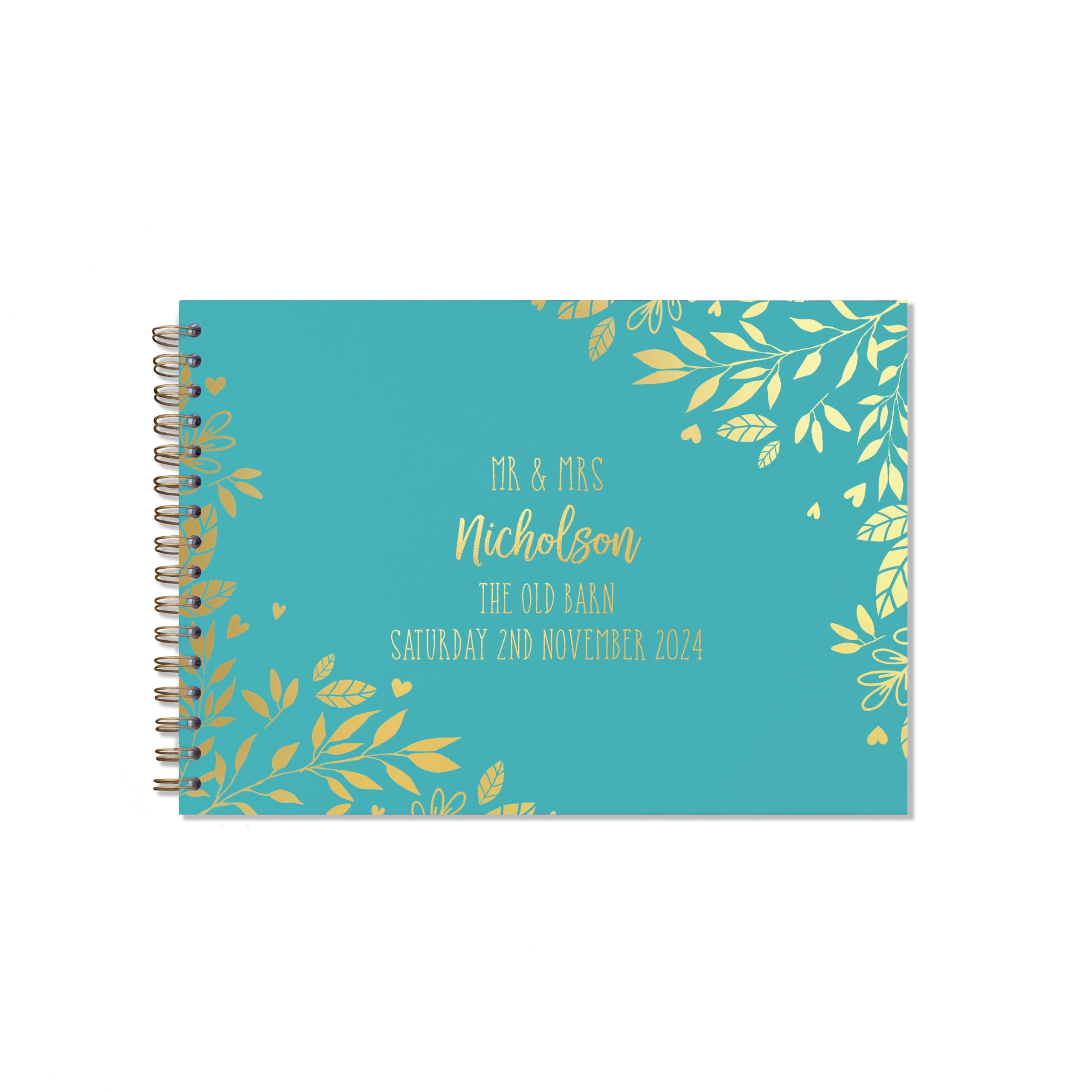"Manta Makes Wedding Guest book personalised gold foil 26 colour choices A5 or A4, signing book wedding decorations for wedding reception, wedding books for guests to sign (A5, Turquoise)"