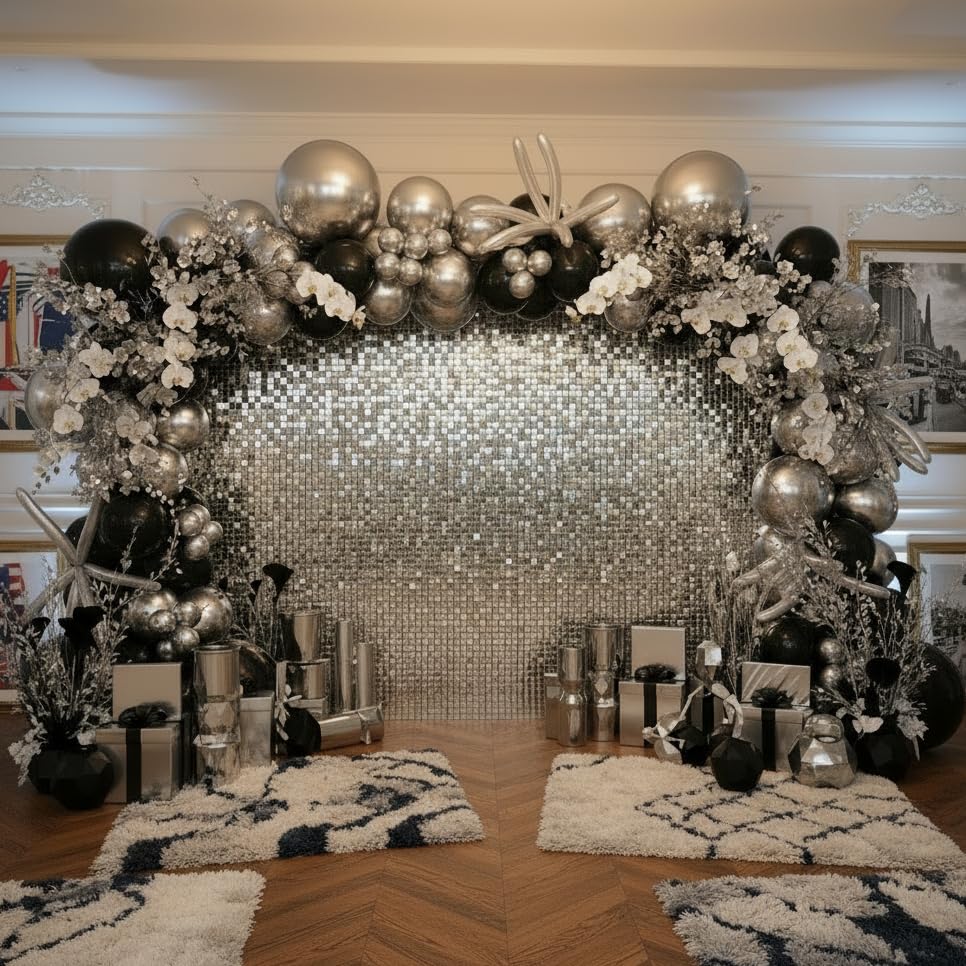 Image of Silver Shimmer Wall Backdrop 48 Panels Cover 8 x 6 Ft, Photo Backdrops for Wedding,Anniversary,Birthday,Party Decoration