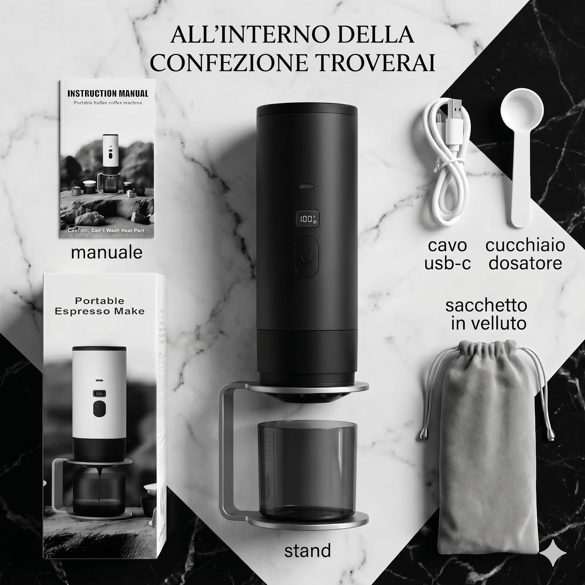 Macchina Caffè Espresso Portatile 3 in 1, Macchina da Caffè Italiana Automatica con Funzione Riscaldamento, Compatibile con Capsule Grandi, Piccole e Polvere, Batteria Ricaricabile USB (Nero)