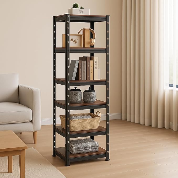 6 Shelf Metal Boltless Rack for Storage/Height Adjustable Shelf with Plywood Plank/Metal Rack Shelf/Multipurpose Racks for Kitchen/Books Rack/Warehouse/Garage (72 x 12 x 12 Inch, Black)