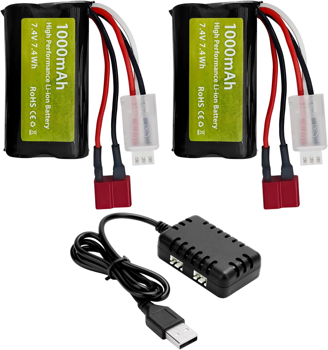 sea jump 2PCS 7.4V 1000mAh 2S Li-ion Battery with T Plug and 2in1 Charger Suitable for YC100 HM161 HM162 HM166 HM201 9145 1:20 RC Truck RC Car HBX X03 Remote Control Ship Battery