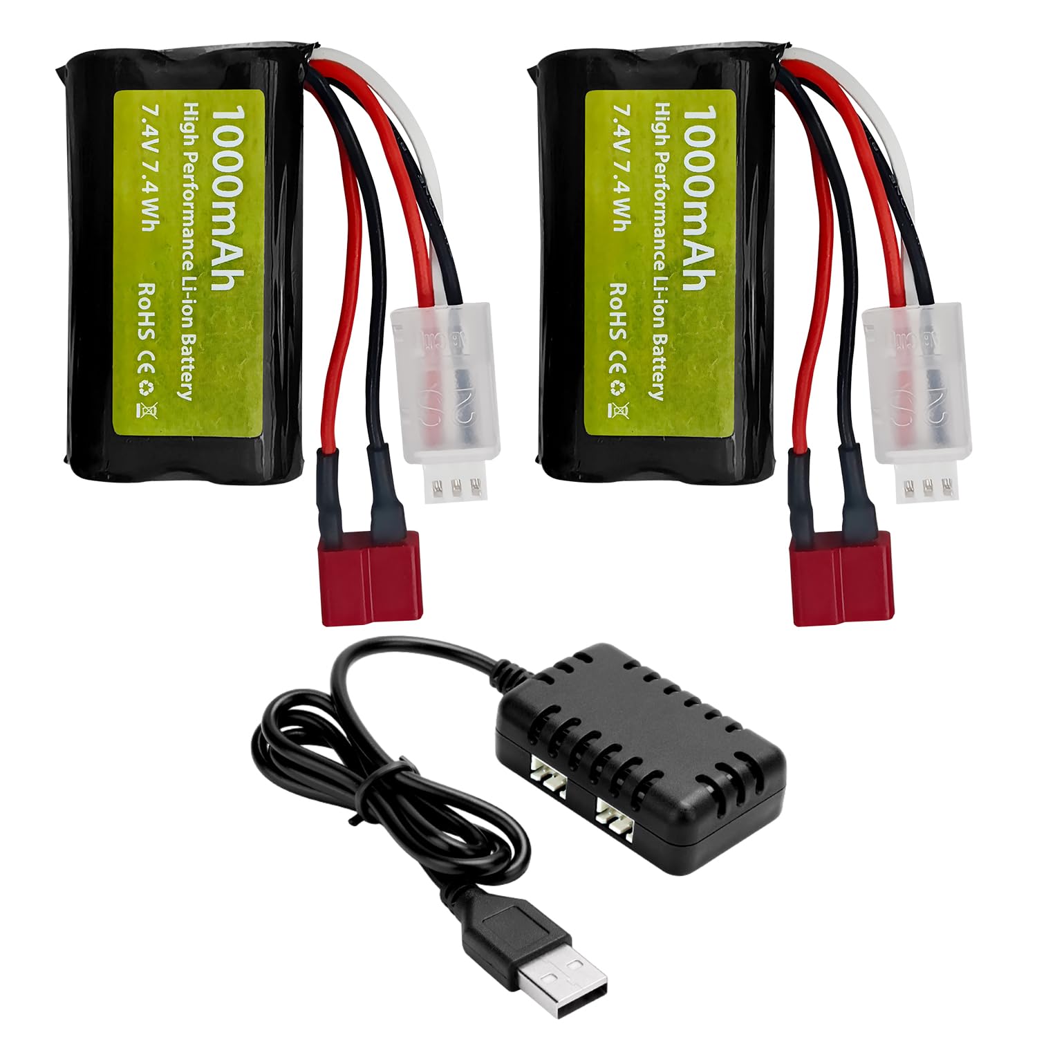ZYGY 2PCS 7.4V 1000mah 2S Li-ion Battery with T-plug with 2-in-1 Charger for YC100 HM161 HM162 HM166 HM201 9145 1:20 Remote Control Truck HBX X03 RC Boat Battery