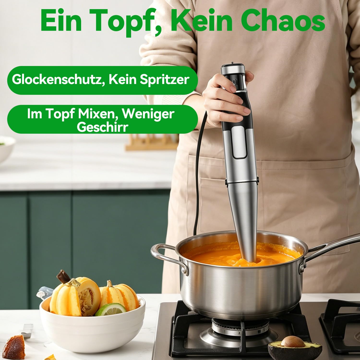 BESROY Stabmixer Set 5 in 1, 1100W Pürierstab Elektrisch, Edelstahl Hand Blender inkl. Häcksler, Schneebesen, Milchaufschäumer & Messbecher