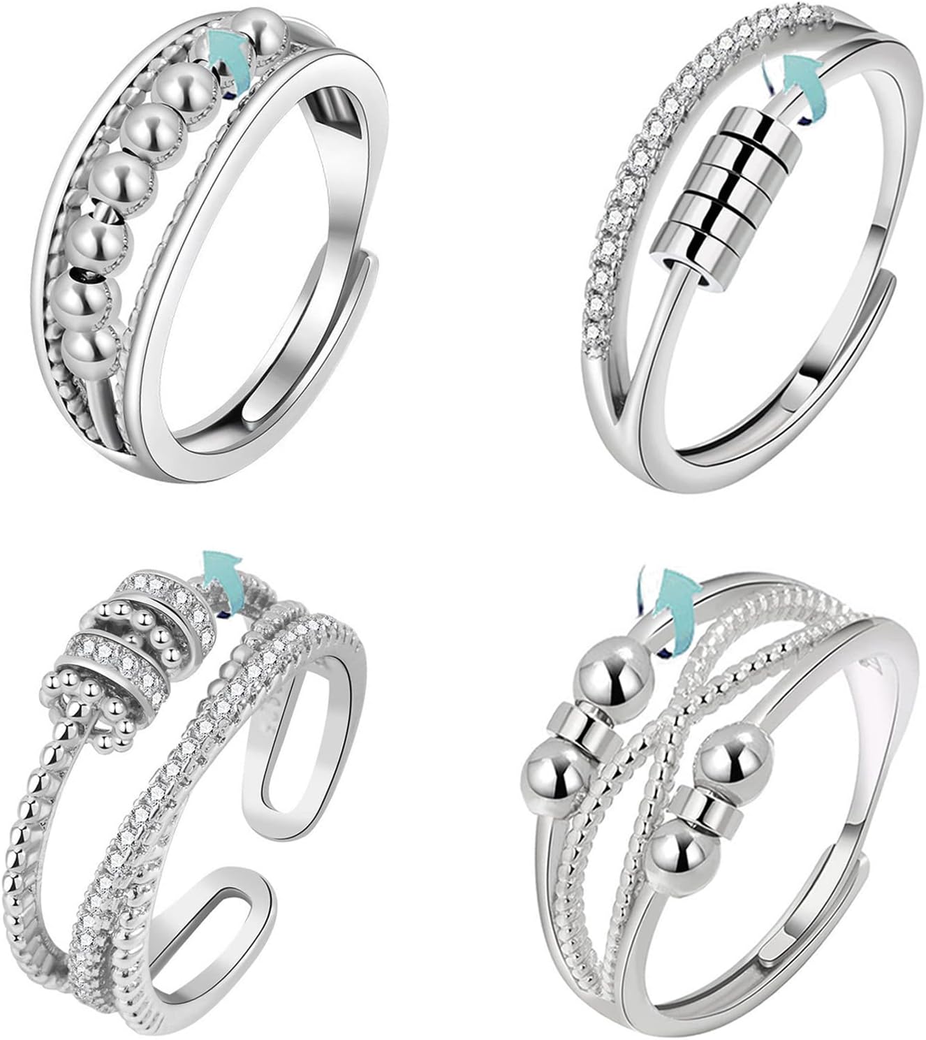 4Pcs Anxiety Rings for Women, Silver Fidget Ring for Anxiety Women Open Spinner Rings for Teenage girls, Stress Relief Adjustable Ring for Mother Daughter Son Men Birthday Party Gifts