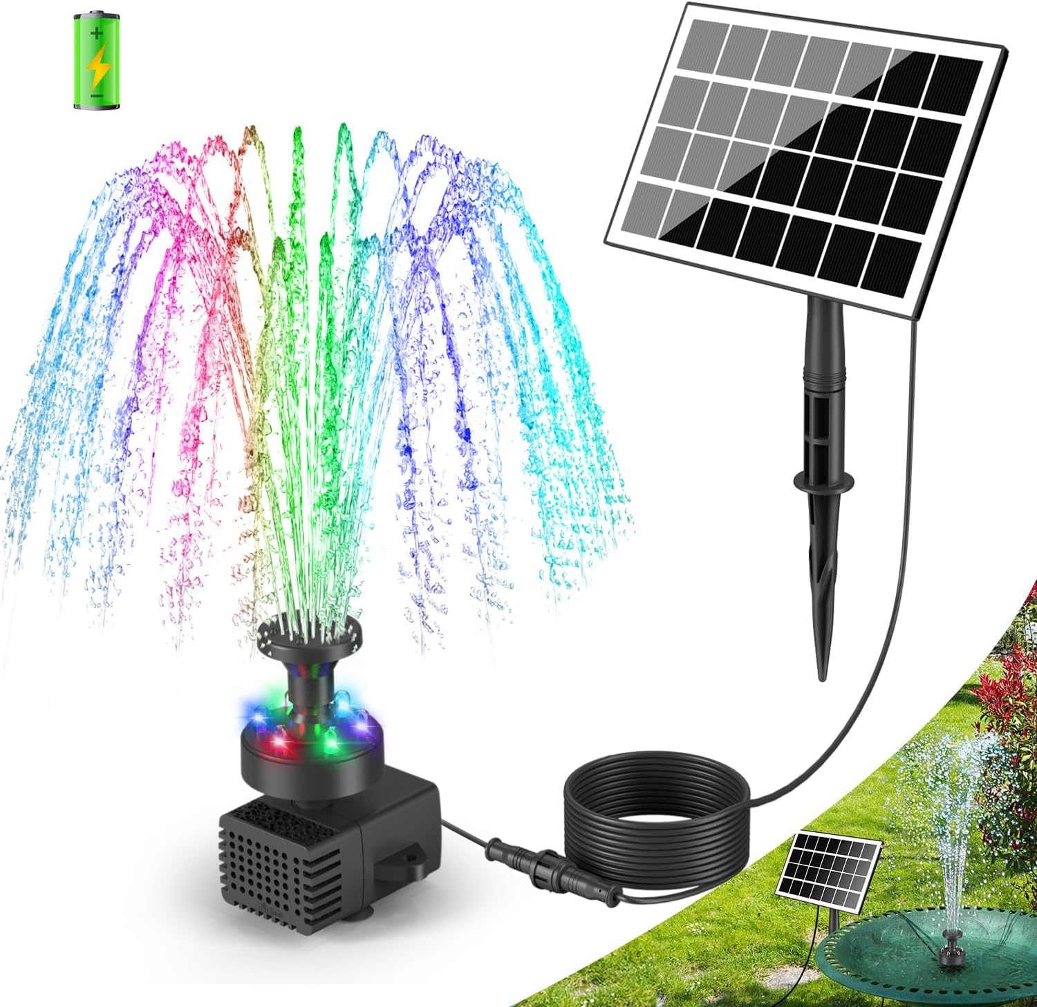 SZMP Solar Fountain Kit Colorful Lights, 3.5W Glass Panel Solar Water Pump with 2000mAH Battery, Sucker & Stake for Bird Bath, Garden, Outdoor, Water Feature - 16.4ft Power Cord, 7 Nozzles