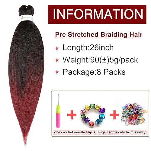 Miniatura 2 de Extensiones de cabello trenzado preestiradas de color negro degradado a borgoña, cabello trenzado de ganchillo profesional de 26 pulgadas, 8