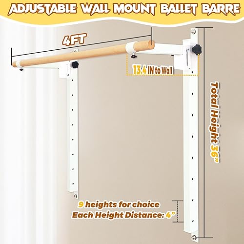 Miniatura 2 de Barra de ballet de altura ajustable, barra de ballet para montar en la pared para niños y adultos, equipo de ballet resistente para estiramiento de