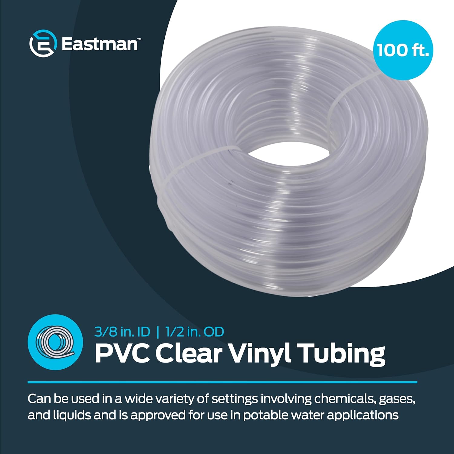 Eastman 3/8 Inch ID (1/2 Inch OD) PVC Clear Vinyl Tubing, 100 Foot Length, 98624