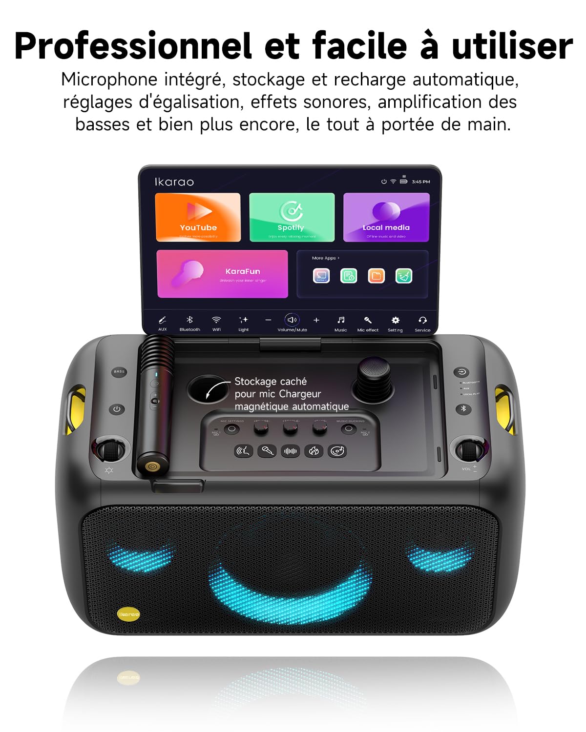 Ikarao Break X1 Machine de Karaoké avec Écran Tactile 13,3", Enceinte Bluetooth 800W, 2 Micros sans Fil et Éclairage LED – Idéal pour Anniversaires, Soirées et Événements Polyvalents