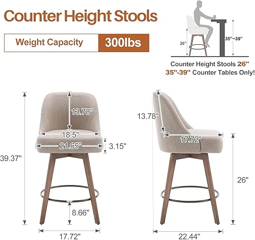 Miniatura 2 de Bekrvio Juego de 2 taburetes de bar de altura de mostrador, modernos taburetes de bar giratorios de mediados de siglo con respaldos y patas de