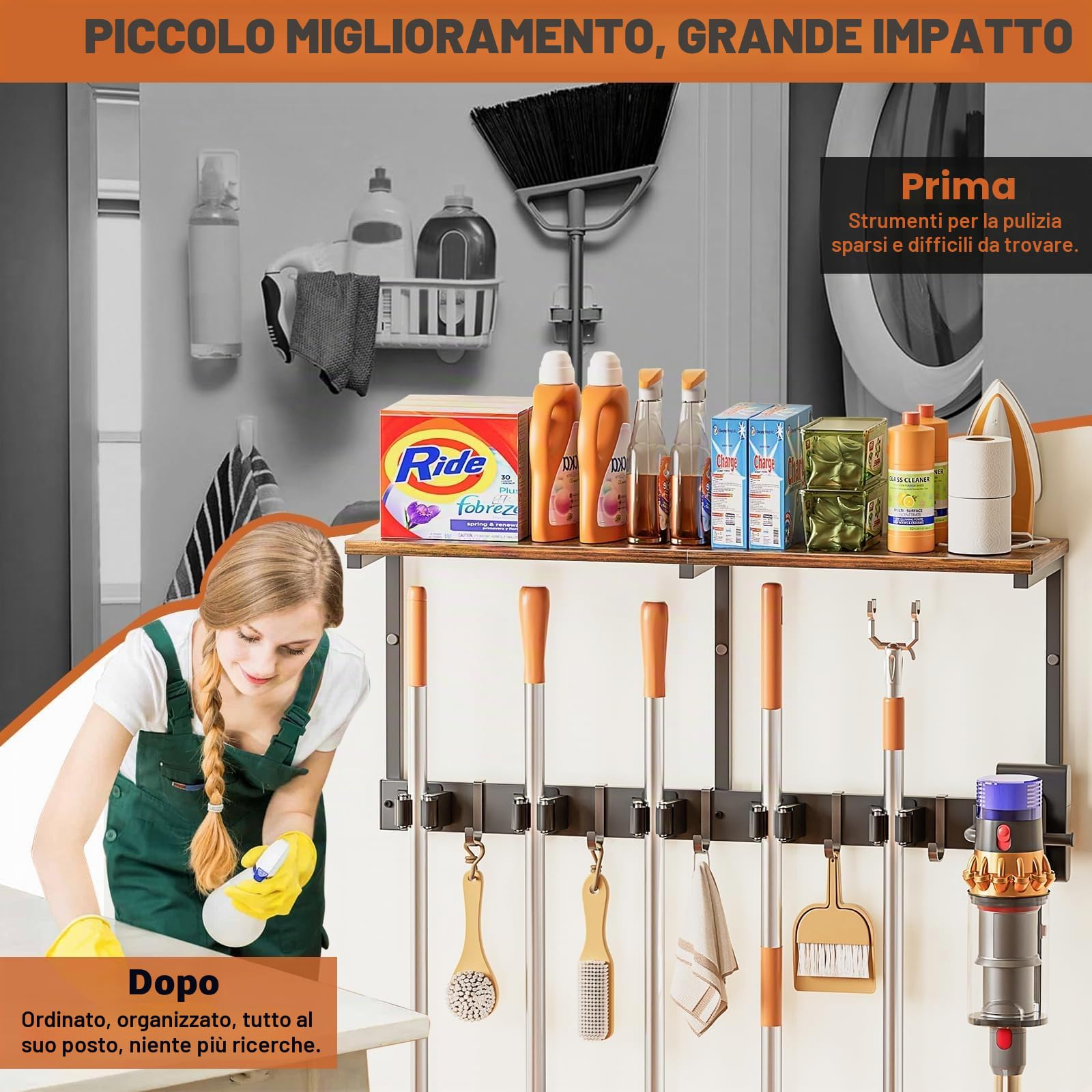 Porta Scope Parete, Portascope da Muro con 5 Supporti e 6 Ganci, Appendi Scope a Muro con Scaffali Organizzatori per Articoli di Pulizia, Ganci da Parete per Lavanderia Double-Sided