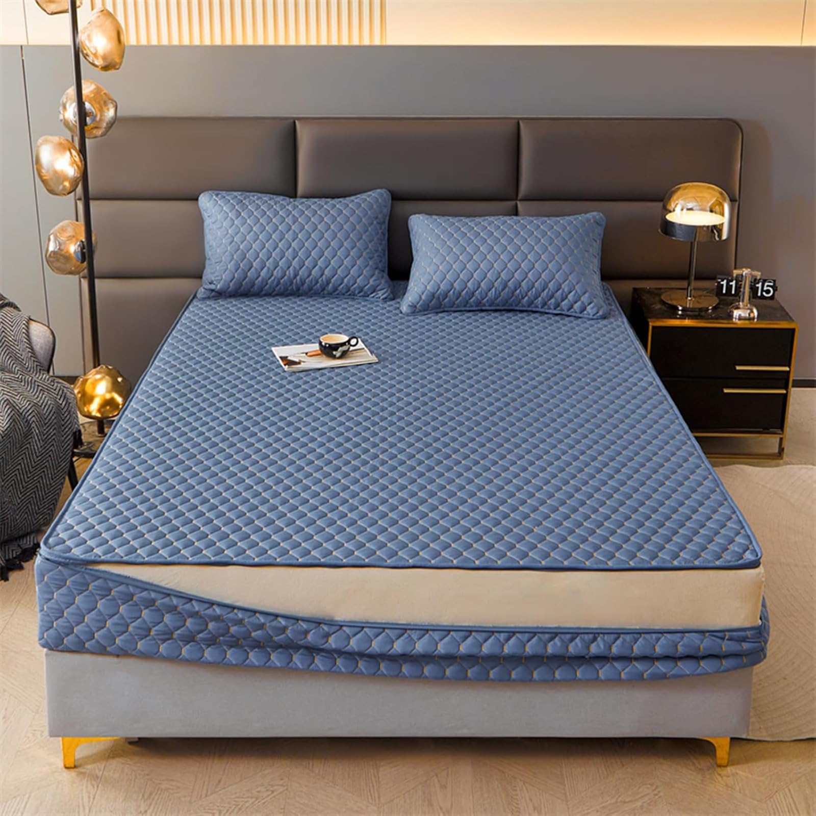 Gesteppter, waschbarer Matratzenbezug mit Reißverschluss, anpassbare Größe, feuchtigkeitsbeständig und waschbar, atmungsaktiver und weicher Matratzenschoner-Blue- 160x190+22cm