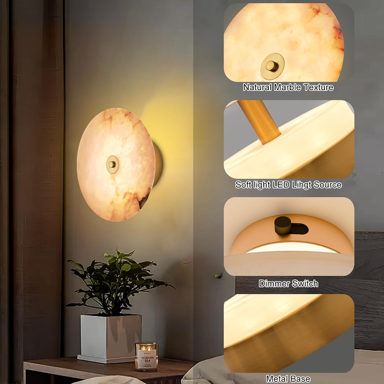 Alabaster Wall Sconce, Dimmable 3CCT Hardwired Circular Sconce Wall Lamp, 9.84 LED Modern Alabaster Sconces Wall Lighting for Dining Room,Bedroom,Stairs Hallway (Bronze)
