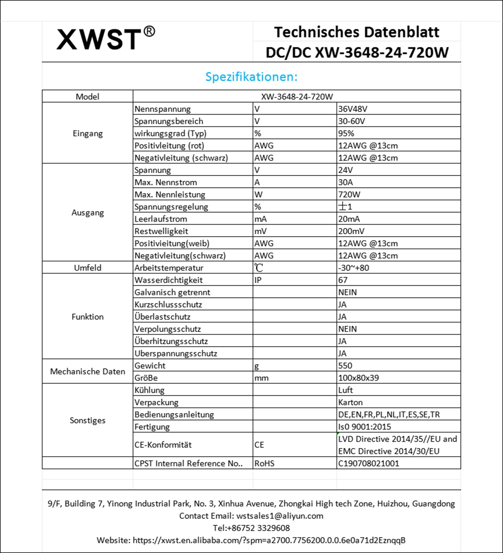 DC DC 36V 48V auf 24V Spannungsregler 30A 720W Wechselrichter 30-60V zu 24V Abwärtstransformator-Adapter für LED Auto