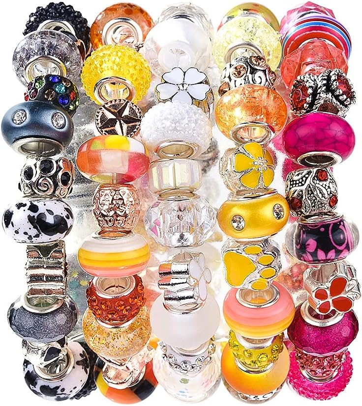 60 Pieces Assorted European Beads with Copper Core Big Hole Resin Spacer No Copper Core Lampwork Colorful Beads Rhinestone Craft Beads for DIY Charm Bracelet Jewelry Making (Black) - Image 6