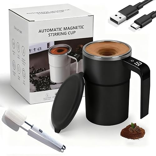 SpinBrew - Taza de café magnética de agitación automática con pantalla de temperatura, vaso de café eléctrico de acero inoxidable automezclable,