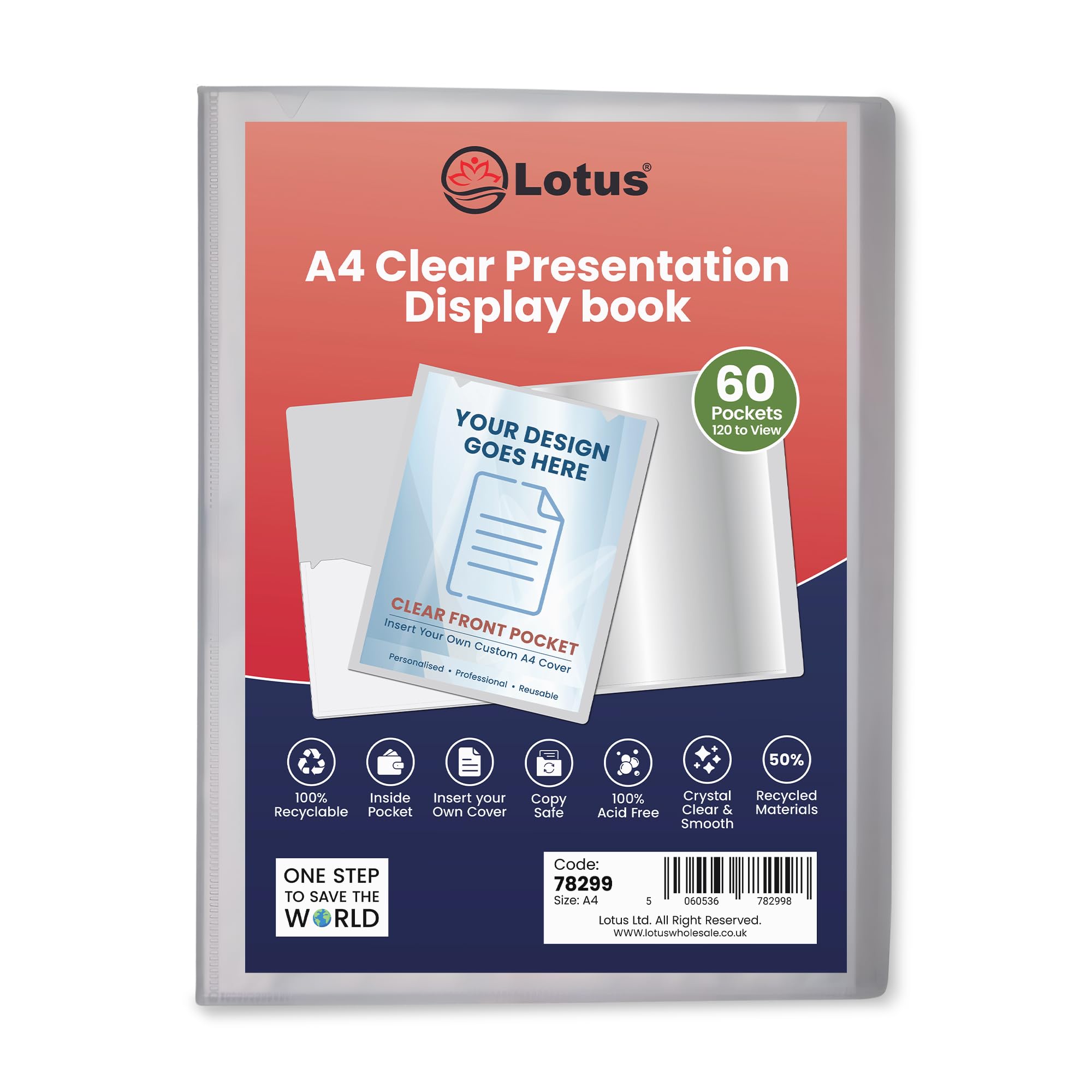Pack of 4 A4 Display Book 60 Pockets (120 Views) - Clear 50% Recycled Presentation Folder with Clear Plastic Sleeves - Portfolio, Certificate & Project Folder for School, Office & Interviews (Lotus)