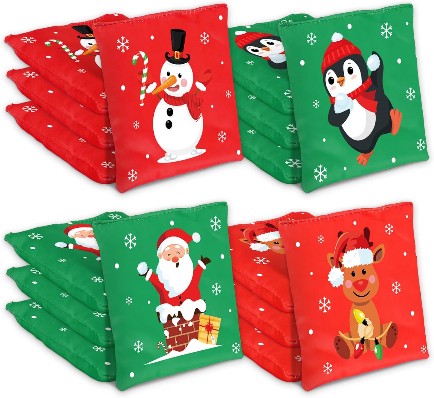 FYSUIMU 12Pcs Christmas Bean Bags Red Green Snowman Penguin Santa Elk Cornhole Game Bags for Xmas Winter Holiday Gathering Game Supplies