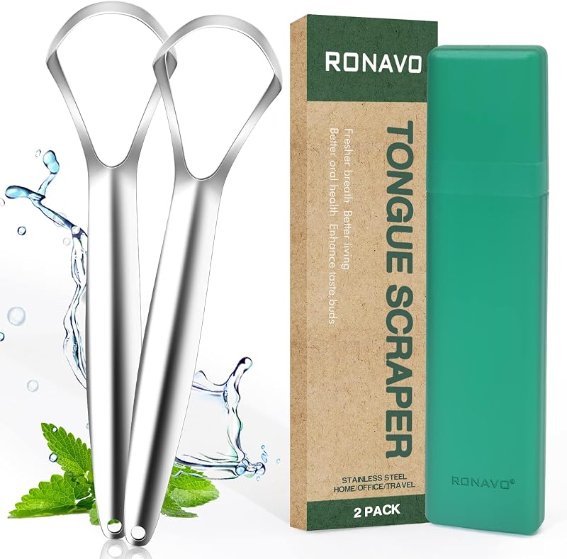 Raspador de lengua RONAVO (paquete de 2), cura el mal aliento, limpiadores de lengua de acero inoxidable, raspadores de lengua de metal, aliento más fresco en segundos
