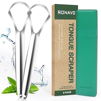 RONAVO Tongue Scraper 2 Pack, Cure Bad Breath, Stainless Steel Tongue Cleaners, Metal Tongue Scrapers Fresher Breath in Seconds