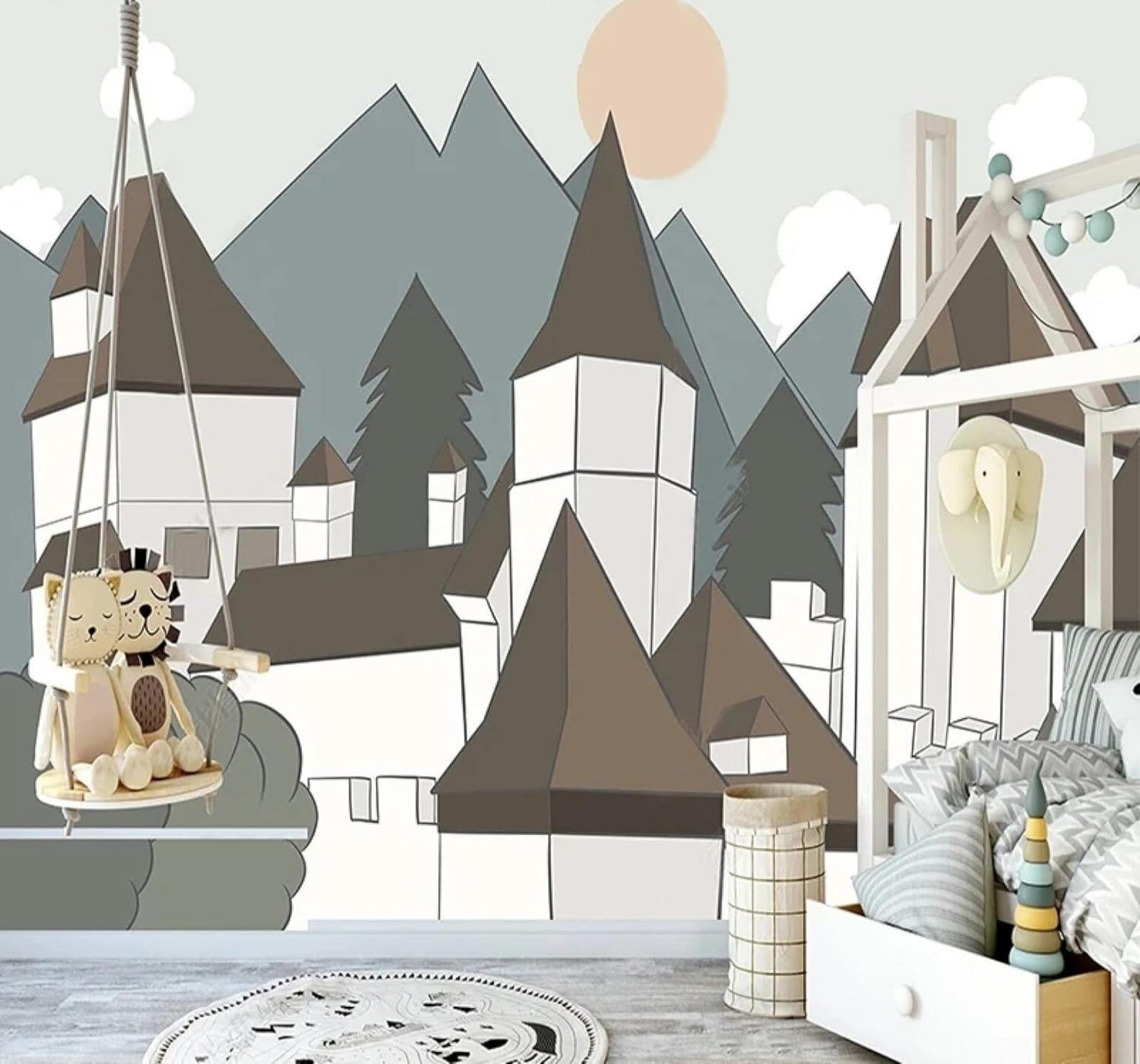 XLMING Hand Drawn Cartoon Castle Mountain Peaks Sunrise 3D Wallpaper Luxury Home Dining Decor Paste Sofa Living Room The Wall for Bedroom Mural-350cm×256cm