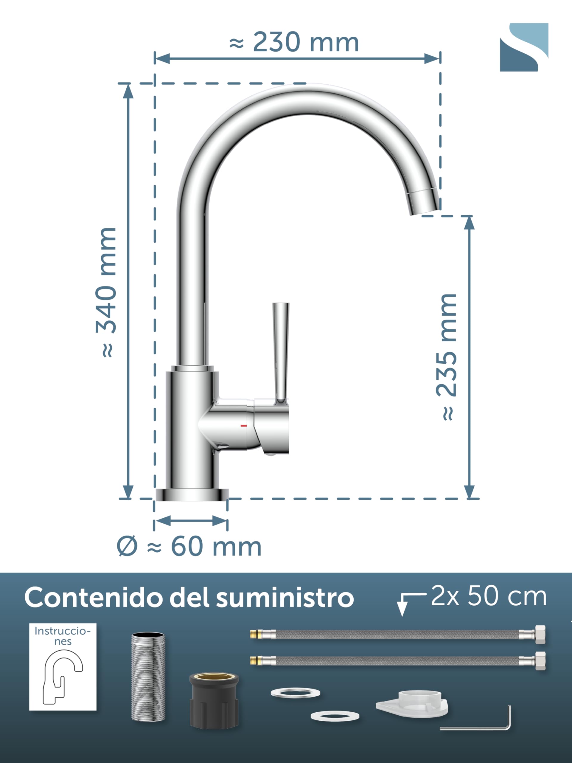 Grifo de cocina SCHÜTTE Cornwall, grifo de cocina, mezclador de fregadero giratorio 360 grados para fregaderos dobles, 79116 cromado