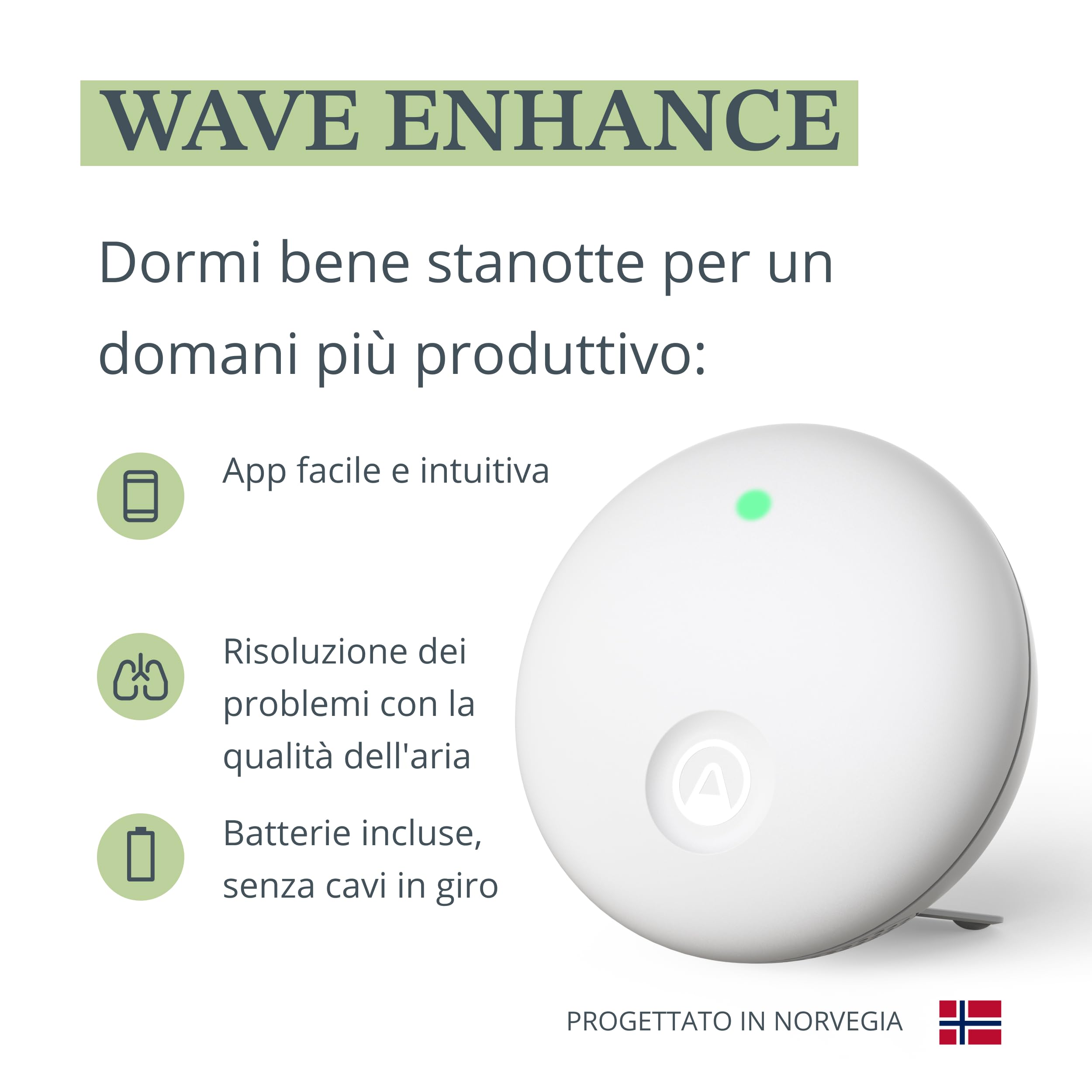 Airthings 321 Wave Enhance - Monitor della qualità dell'aria per CO2, VOC, umidità, temperatura, pressione, rumore e luce. Ottimo per migliorare il sonno in camera e la concentrazione al lavoro