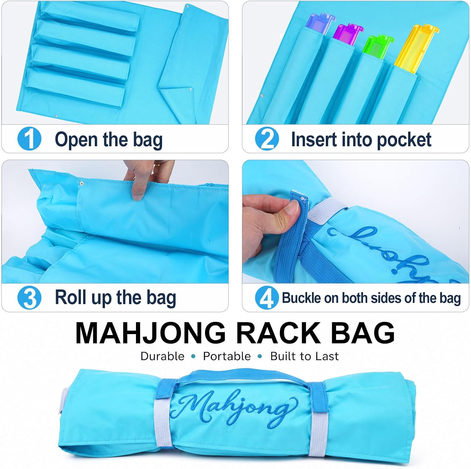 Mahjong Rack Storage Bag Handheld Canvas Sleeve Fits 4 Mahj Racks with Pushers, Dust-Shield Flap, Dual Straps Portable Travel Handheld Carrier Organizer, Mah Jongg Accessories & Gift (Bag Only, Blue) image 3