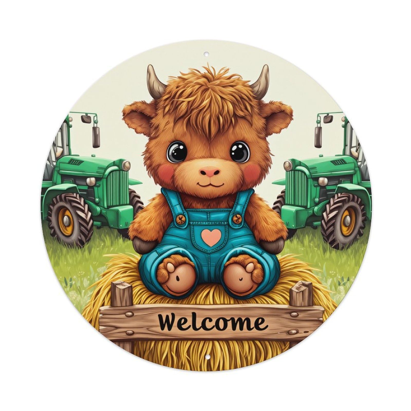 Cute Bull Tractor Farm Welcome Round Tin Sign Vintage Metal Poster, Home Bar Garage Man Cave Cafe Indoor & Outdoor Wall Decoration 8x8Inches