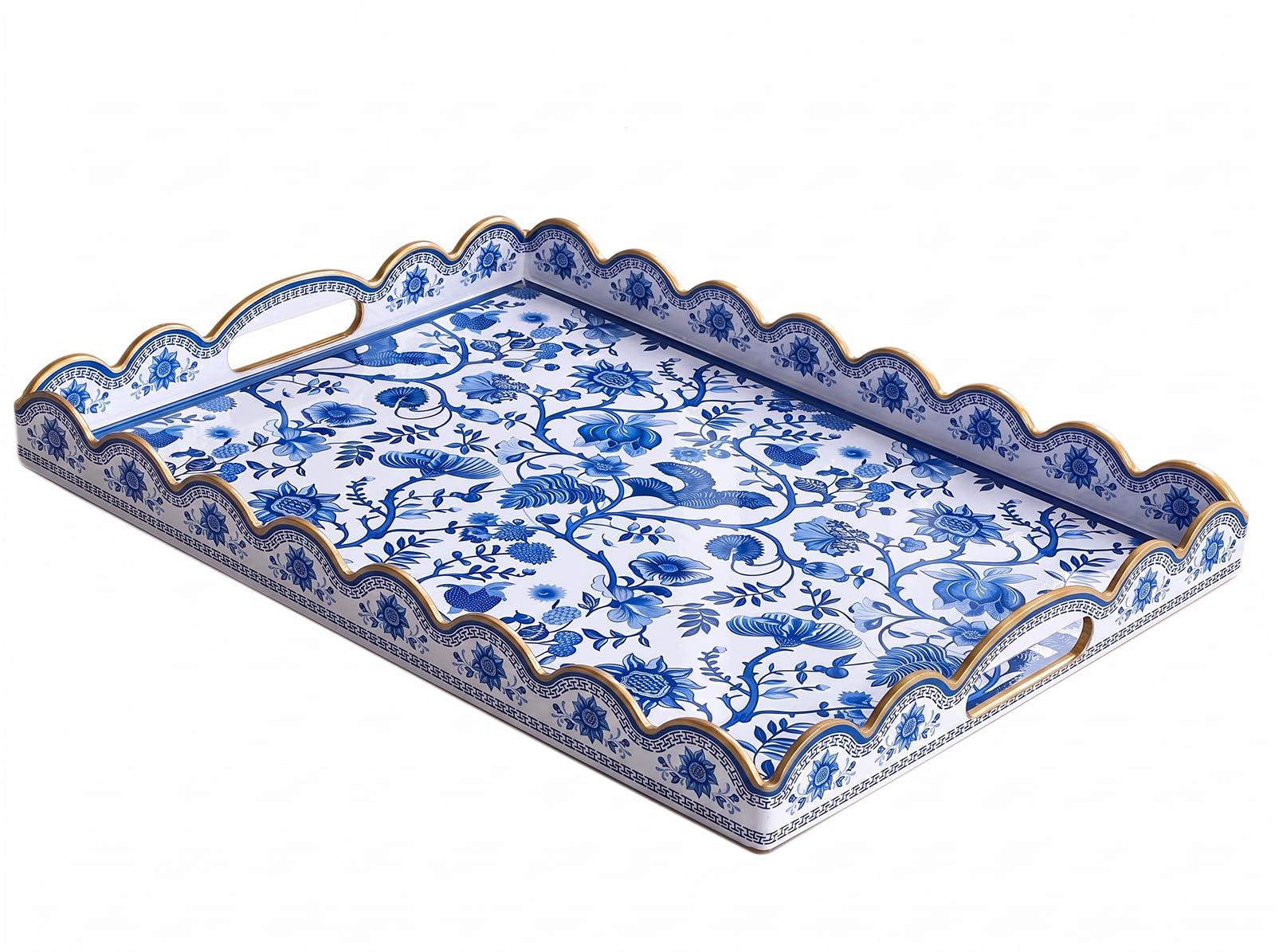 Scalloped Decorative Serving Tray, Blue & White Floral, 15.7" x 11.8" — image 1