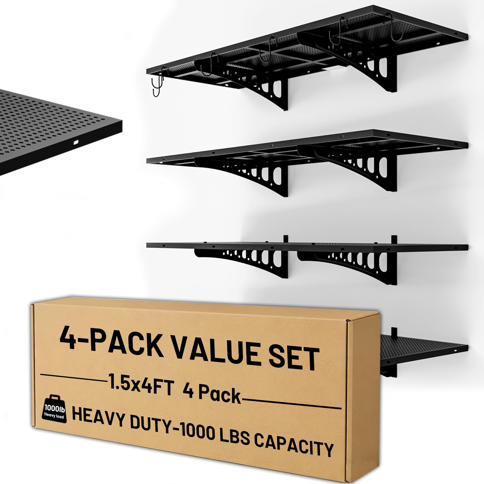 Cuguords 4-Pack 1.5x4ft Wall Storage Shelves, 1000 Lbs Garage Wall Shelf, Heavy Duty Floating Tool Rack with Complete Install Kit, Black