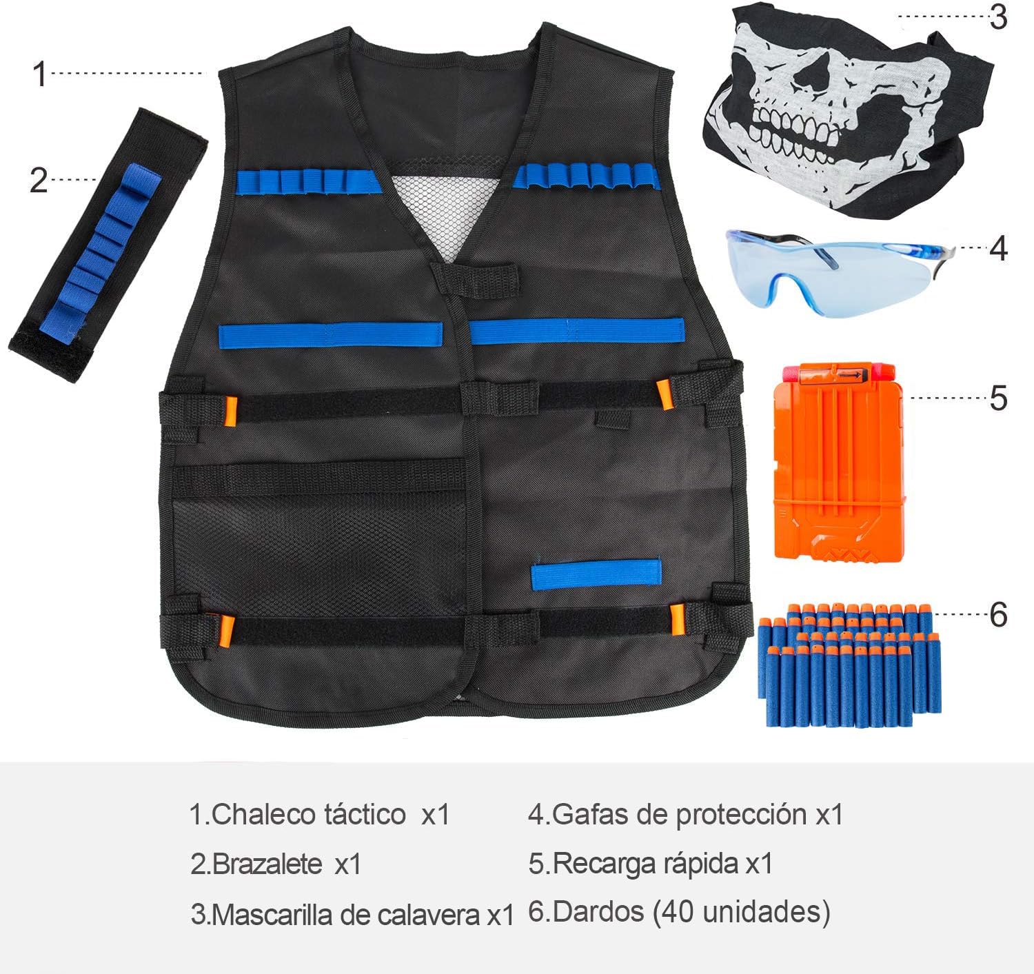 Kit Completo de 45Pcs para Strike Elite – Chaleco Táctico Ajustable para Niños + 40 Dardos, Máscara Protección, Gafas Seguridad, Cargador Rápido y Muñequera – Compatible pistolas N.E.R.F