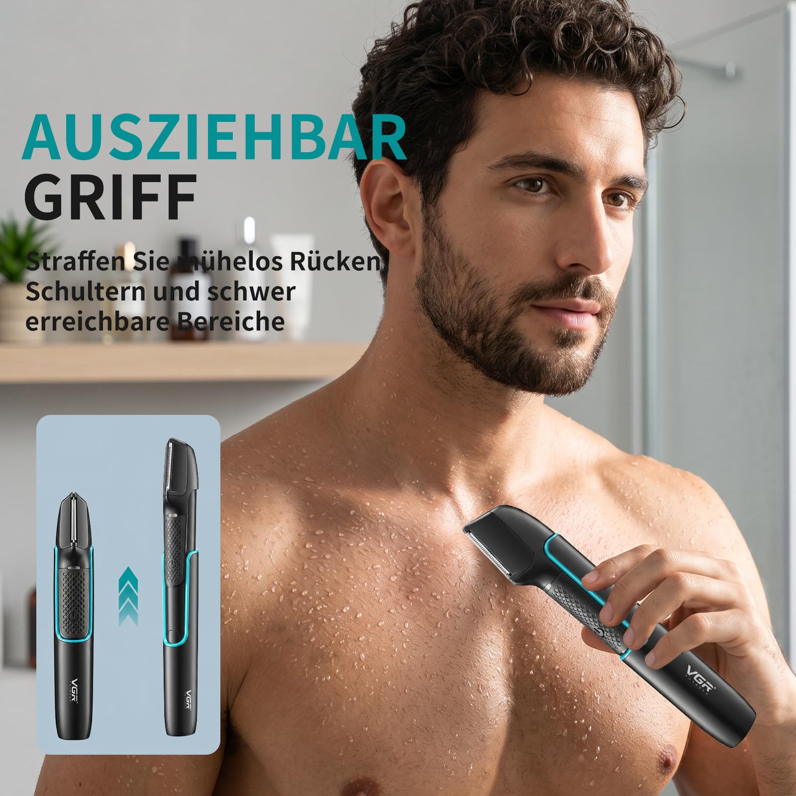 VGR 602 Kabelloser Körperrasierer Herren Mit V-Förmiger Schneidkopf, Body Groomer Men Mit Verlängerungsstangen-Design, Grooming Trimmer For Men Mit 4 Aufsätze, IPX6 Wasserdicht, USB-Ladefunktion