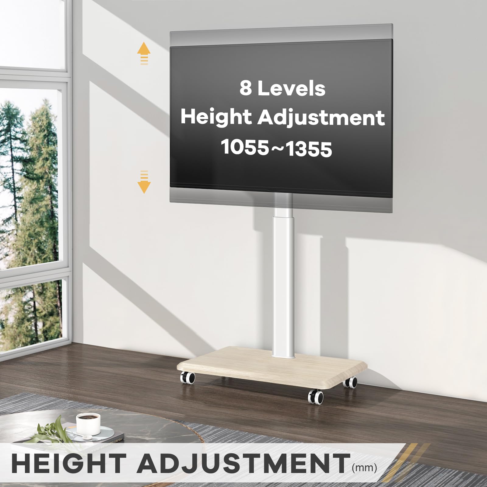 TVON Support TV sur Pied roulettes Pied TV Universel Blanc et Bois pour Télé de 32 à 65 Pouces, Réglable en Hauteur Support TV Orientable TV sur Pied Jusqu 'à 40 kg, Max VESA 400x400mm
