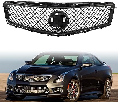 Front Bumper Grille Compatible with 2013 2014 ATS Grill Honeycomb Mesh Gloss Black